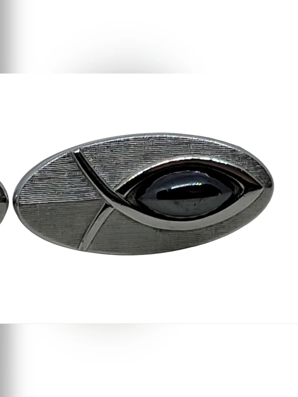 SWANK Vintage Brushed Silver Tone Jesus Fish Cufflinks Hematite Cabochon